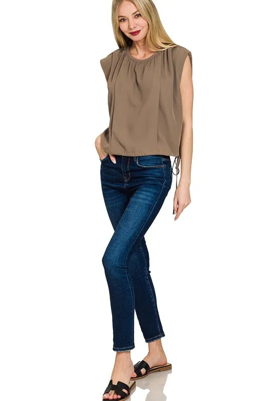 Zenana Woven Drawstring Tie Side Sleeveless Top