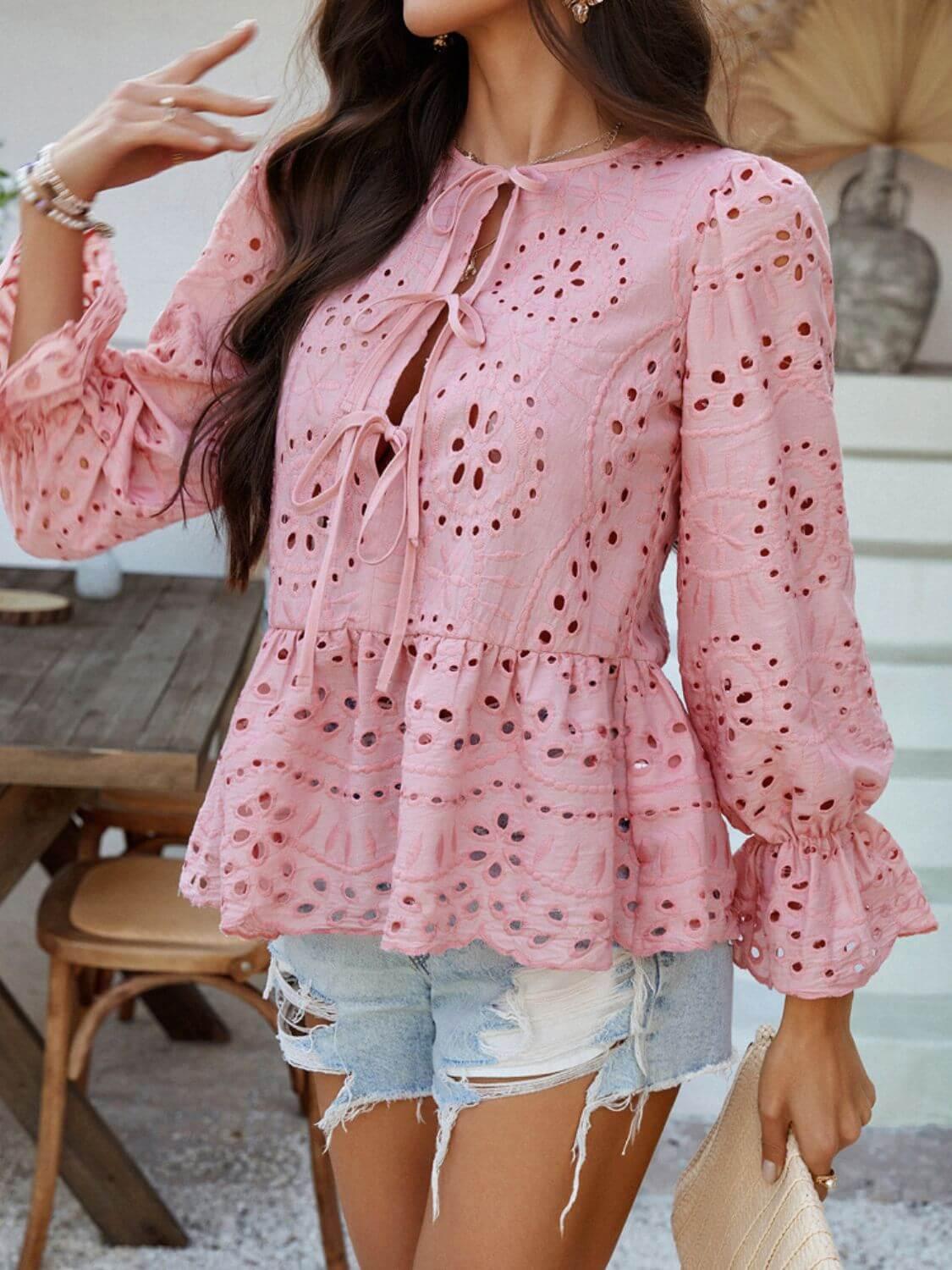 Devine Tie Front Flounce Sleeve Peplum Blouse - Clothes For Her Online Store