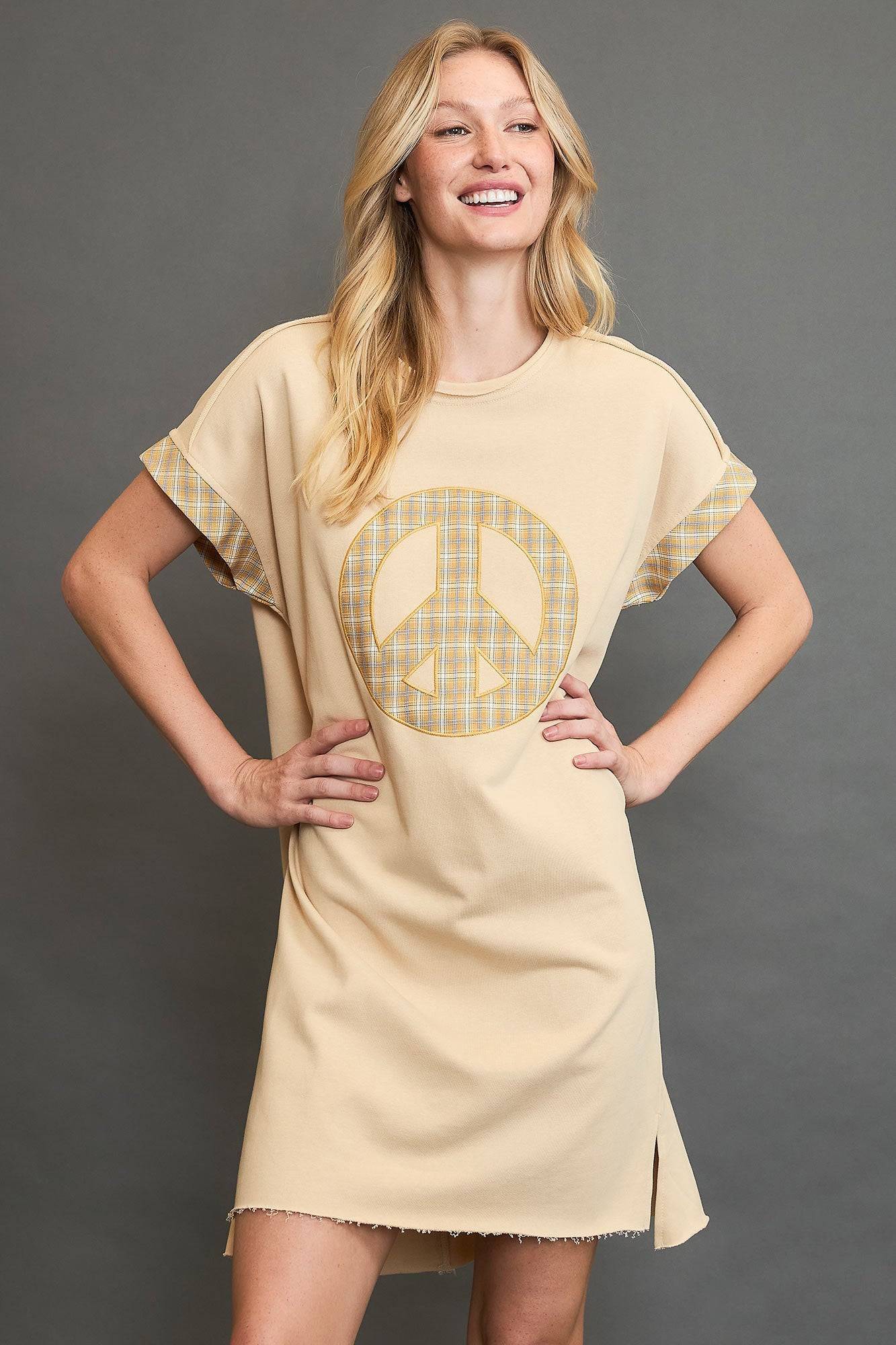Umgee Peace Plaid Applique Short Sleeve Mini Dress - Clothes For Her Online Store