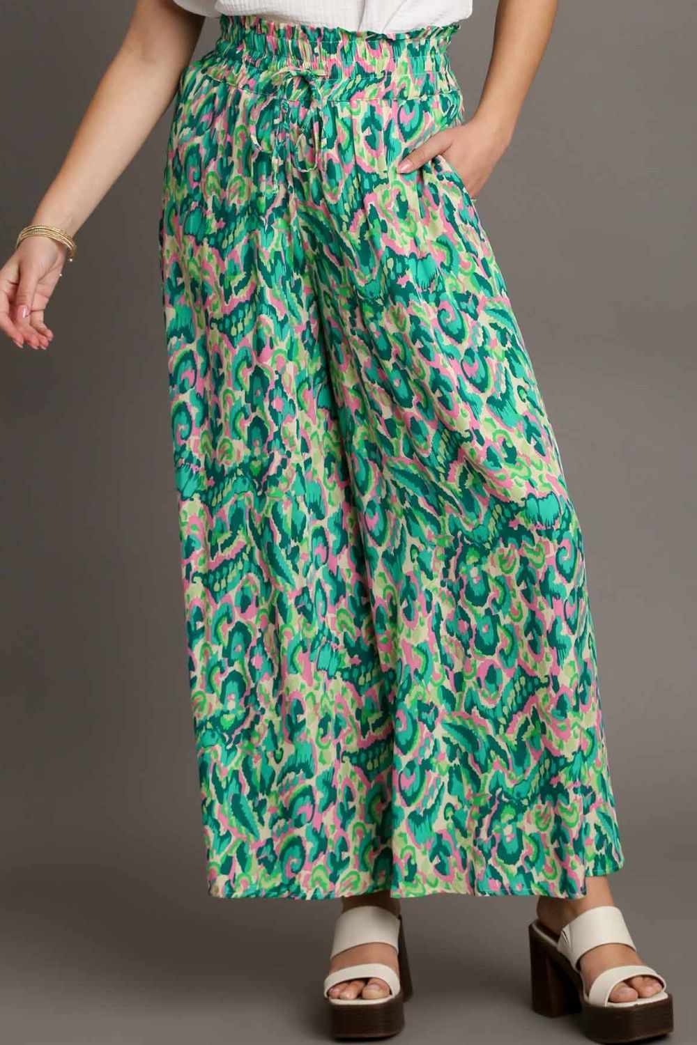 Umgee Full Size Mixed Print High Waist Wide Leg Pants Plus Size - Clothes For Her Online Store