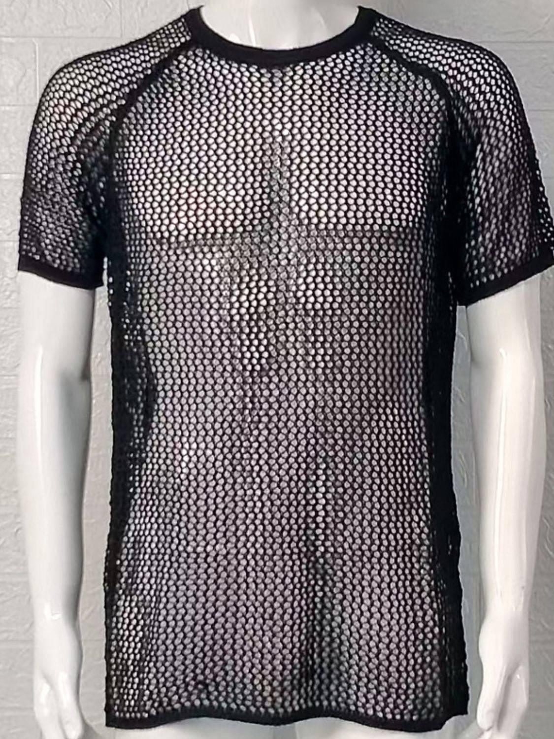 Men's Openwork Round Neck Short Sleeve T-Shirt - Clothes For Her Online Store