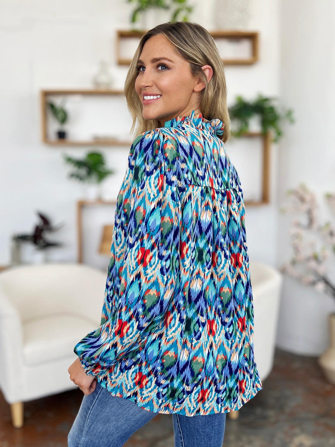 Double Take Full Size Printed Balloon Sleeve Blouse - Clothes For Her Online Store