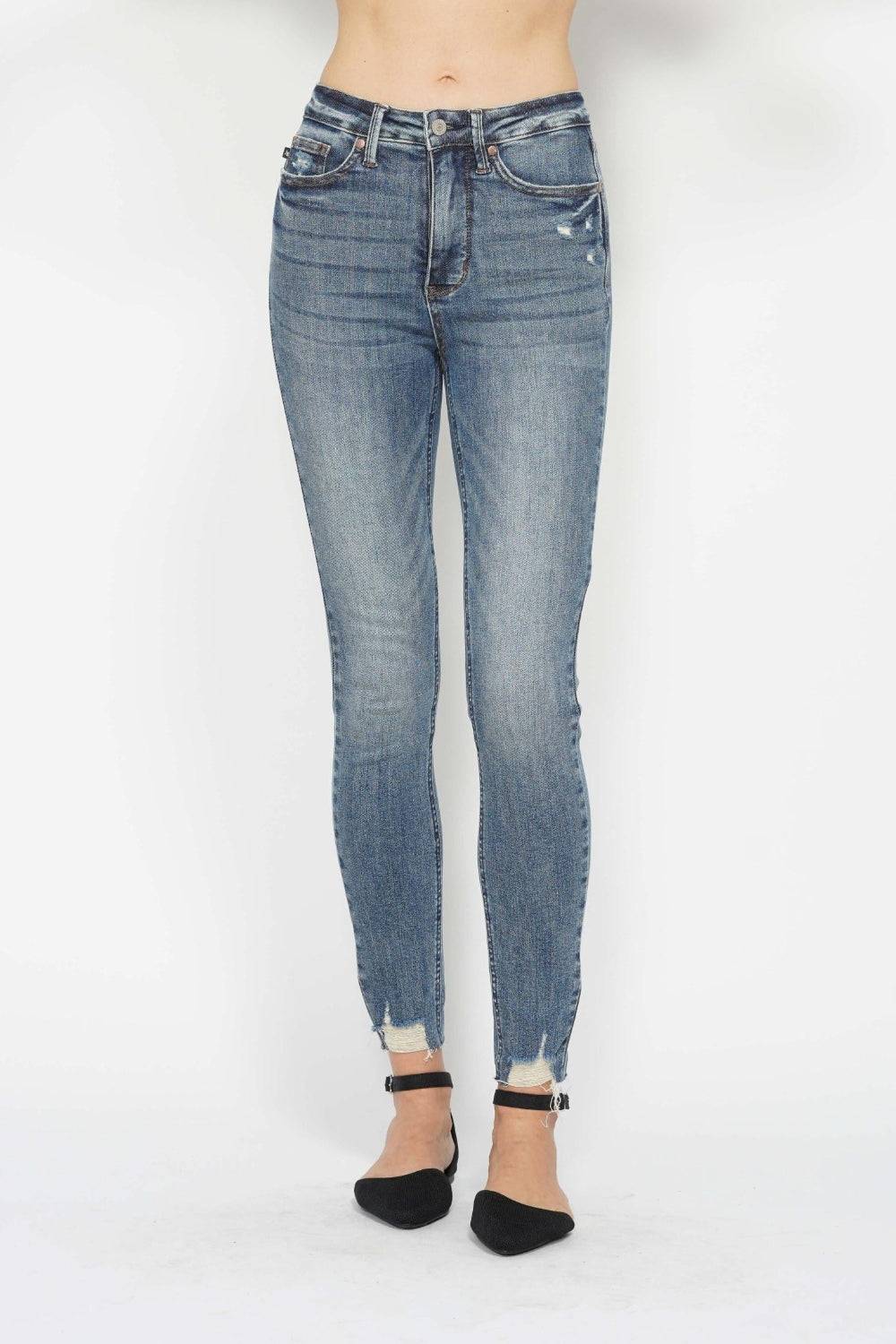 Judy Blue Full Size Tummy Control Vintage Wash Hem Destroy Skinny Jeans - Clothes For Her Online Store