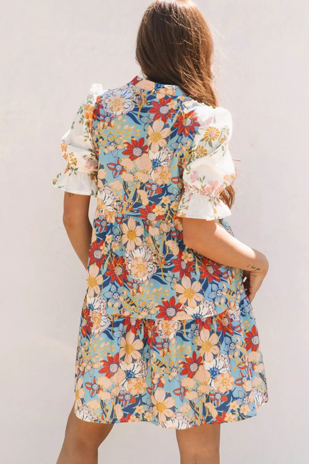 Printed Notched Flounce Sleeve Mini Dress