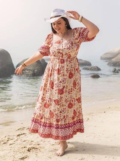 Plus Size Printed Square Neck Ruffle Hem Dress - Clothes For Her Online Store