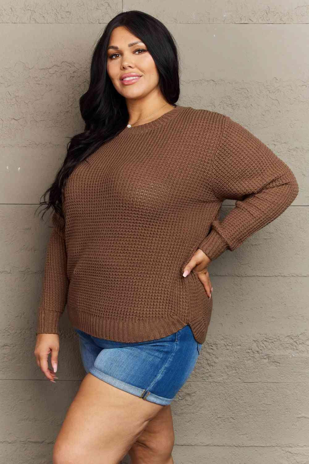 Zenana Breezy Days Plus Size High Low Waffle Knit Sweater - Clothes For Her Online Store