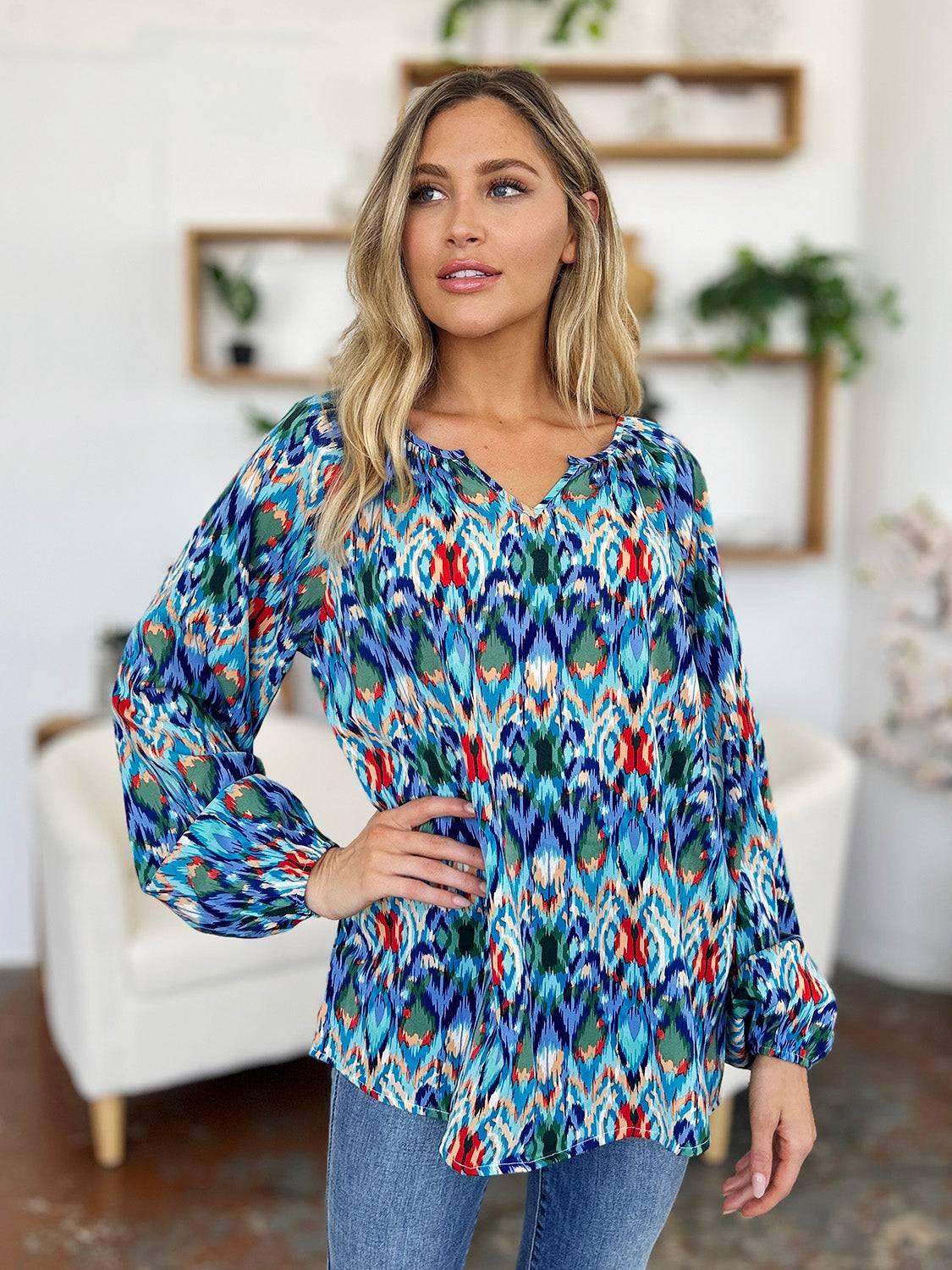 Double Take Full Size Printed Balloon Sleeve Blouse - Clothes For Her Online Store