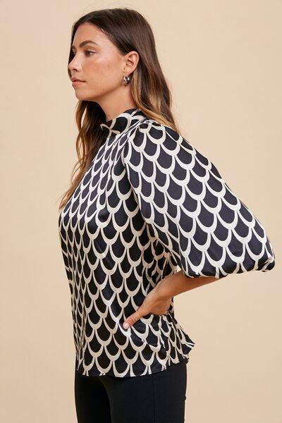 Annie Wear Tie Back Abstract Print Mock Neck Half Sleeve Blouse - Clothes For Her Online Store