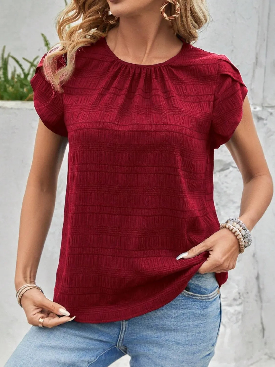 Round Neck Petal Sleeve Top
