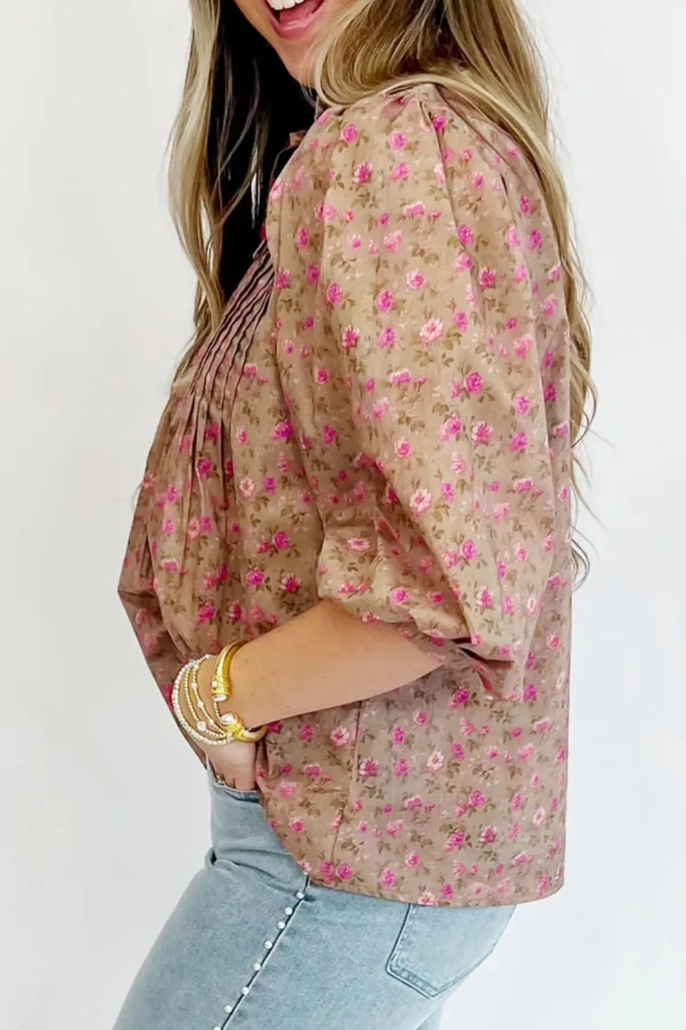 Floral Print Bow Pintuck Bust Half Puff Sleeve Blouse Top