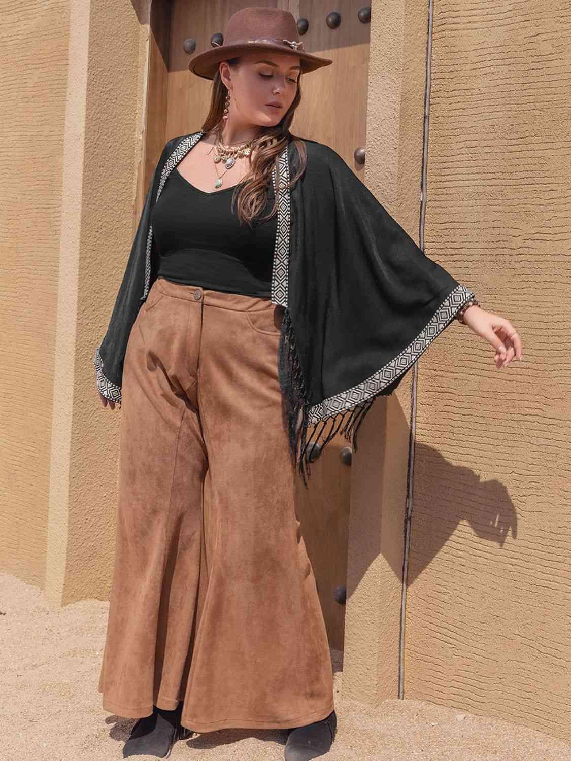 Plus Size Geometric Open Front Fringe Hem Cardigan - Clothes For Her Online Store