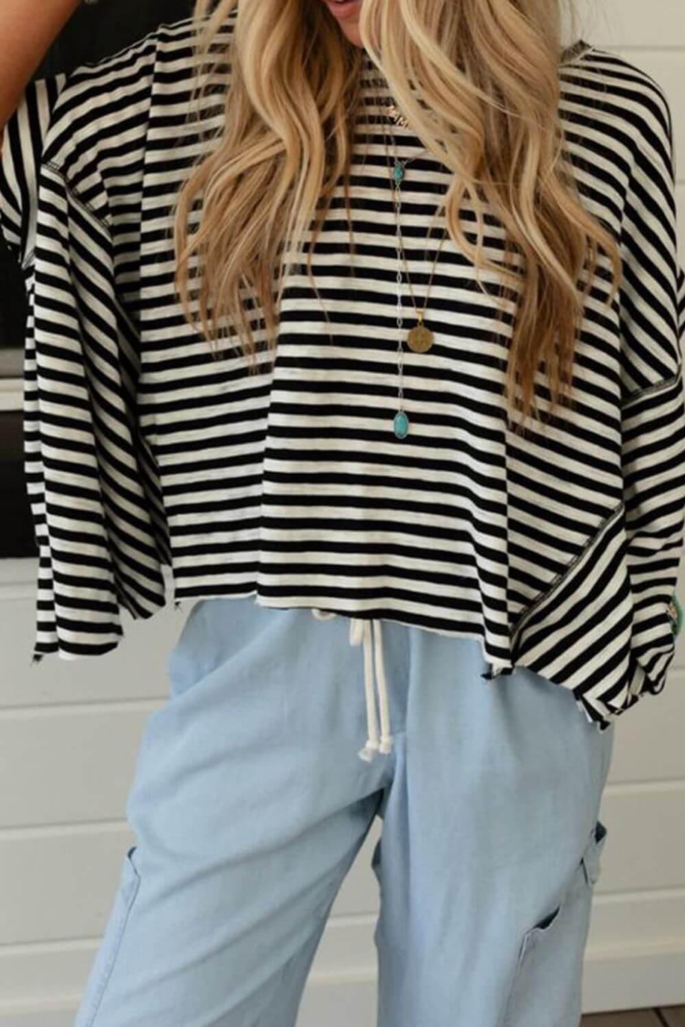 Stripe Batwing Sleeve Round Neck Oversized Top - Clothes For Her Online Store