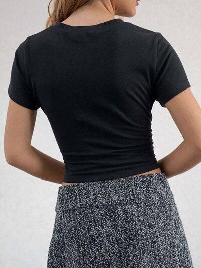 Letter Round Neck Short Sleeve T-Shirt - Clothes For Her Online Store