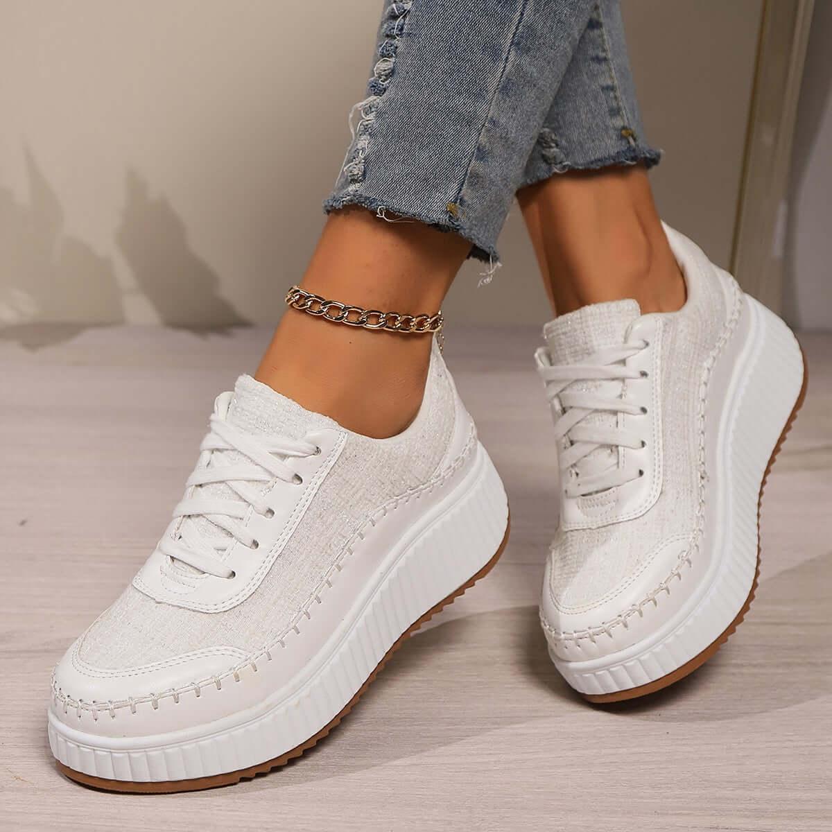 Sequin Round Toe Platform Lace Up Sneakers - Clothes For Her Online Store