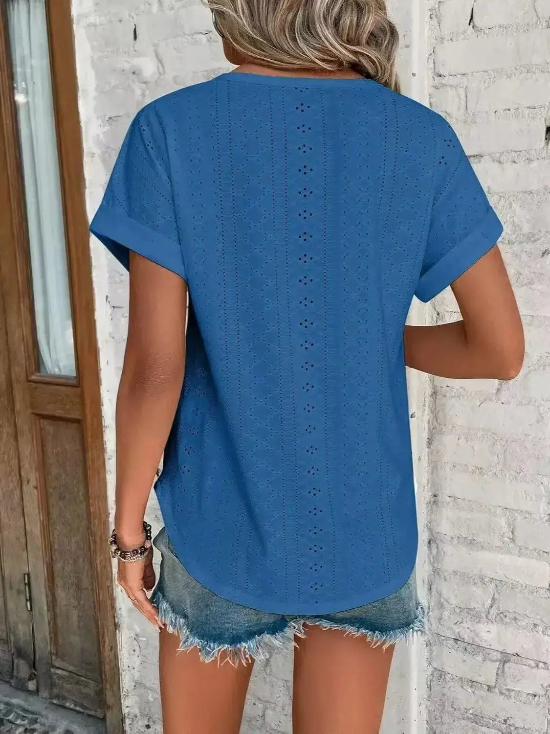 Eyelet Round Neck Short Sleeve Top - Clothes For Her Online Store