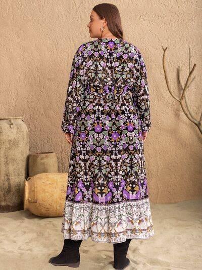 Plus Size V-Neck Balloon Sleeve Printed Midi Dress - Clothes For Her Online Store