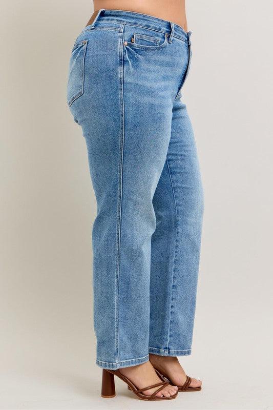 Judy Blue Full Size Tummy Control Vintage Wash Straight Jeans Plus Size - Clothes For Her Online Store