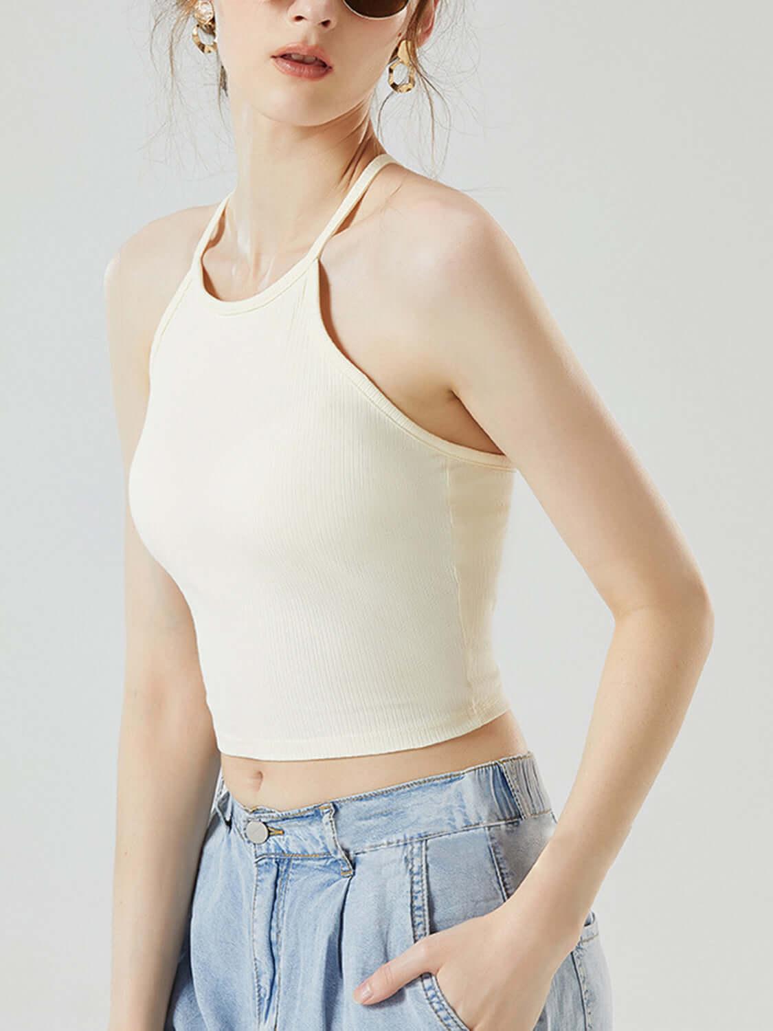 Grecian Neck Cropped Tank with Chest Pads - Clothes For Her Online Store