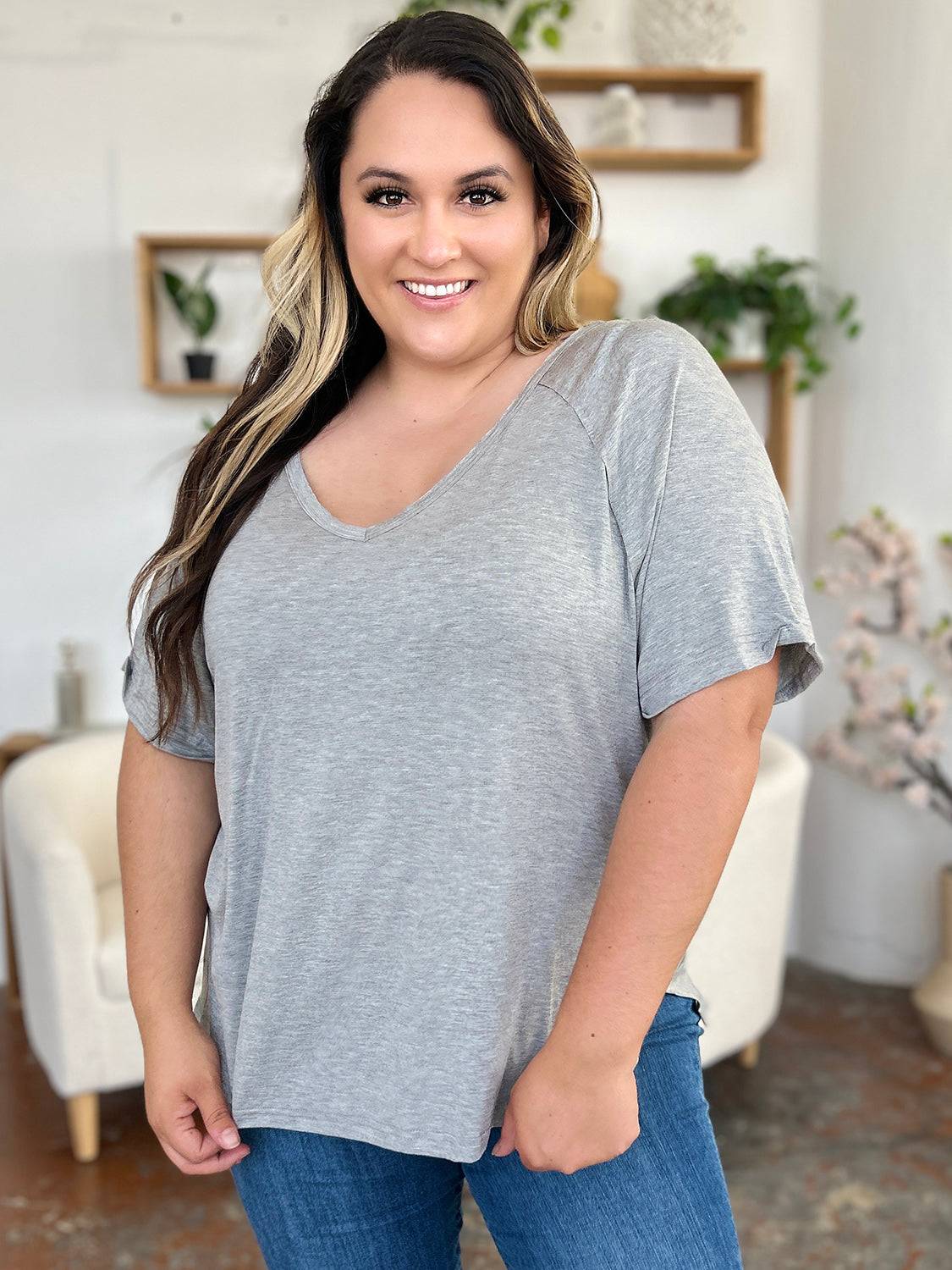 Basic Bae Full Size Bamboo Slit V-Neck Short Sleeve T-Shirt - Clothes For Her Online Store