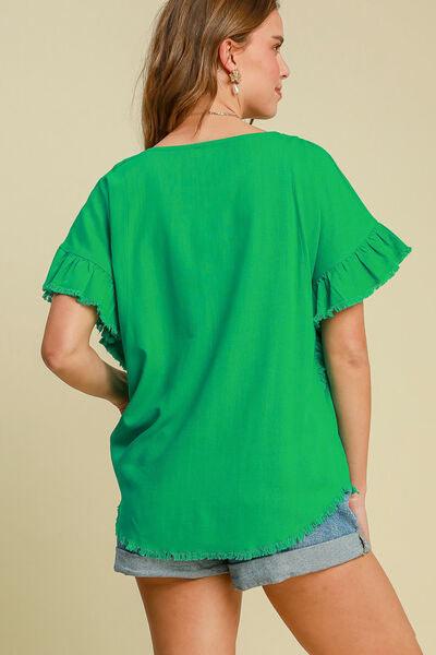 Umgee Full Size Raw Hem Ruffle Short Sleeve Blouse Plus Size - Clothes For Her Online Store