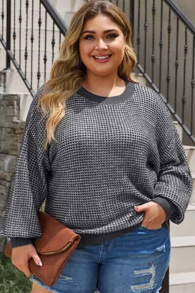 Plus Size Waffle-Knit Round Neck Dropped Shoulder Sweater - Clothes For Her Online Store