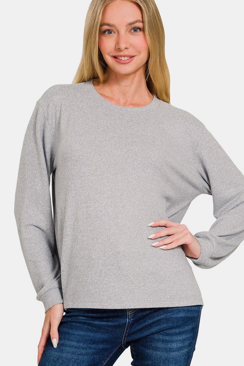 Zenana Hacci Round Neck Long Sleeve T-Shirt - Clothes For Her Online Store