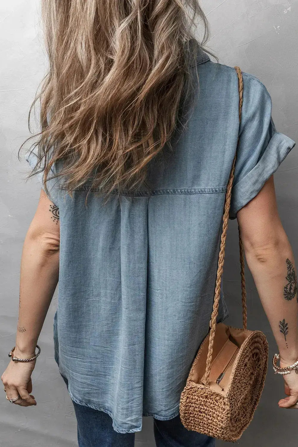 Folded Short Sleeve Patched Pocket Denim Shirt - Clothes For Her Online Store