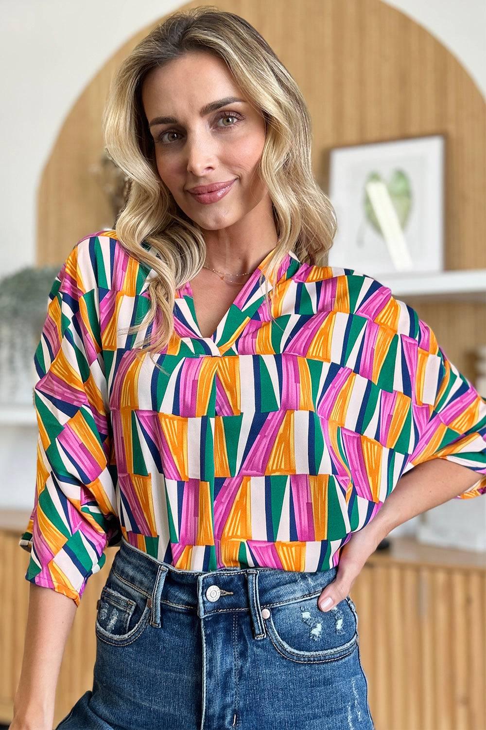 Double Take Full Size Geometric Notched Dolman Sleeve Top - Clothes For Her Online Store