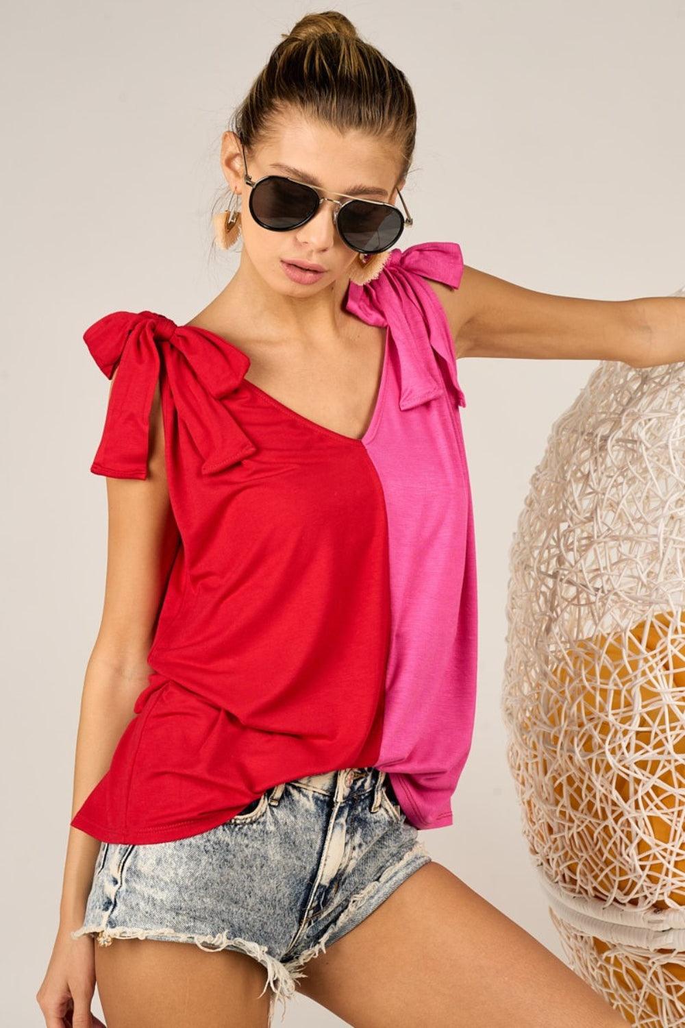 BiBi Shoulder Ribbon Tied Contrast Tank - Clothes For Her Online Store