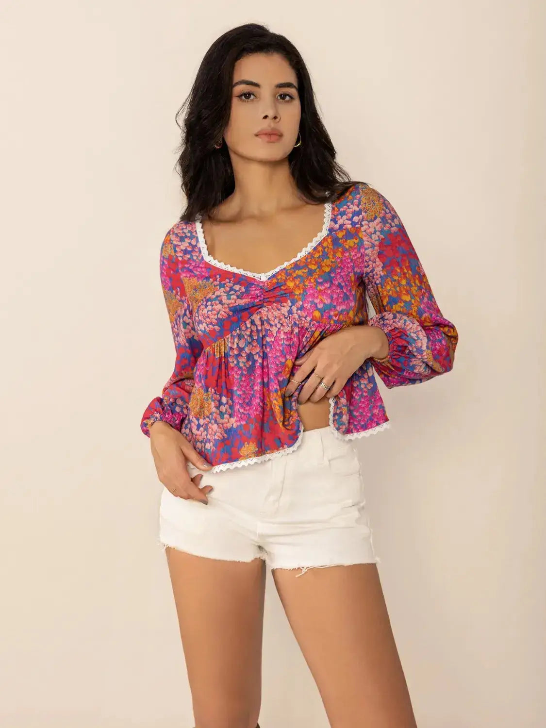 Lace Detail Printed Balloon Sleeve Top - Clothes For Her Online Store