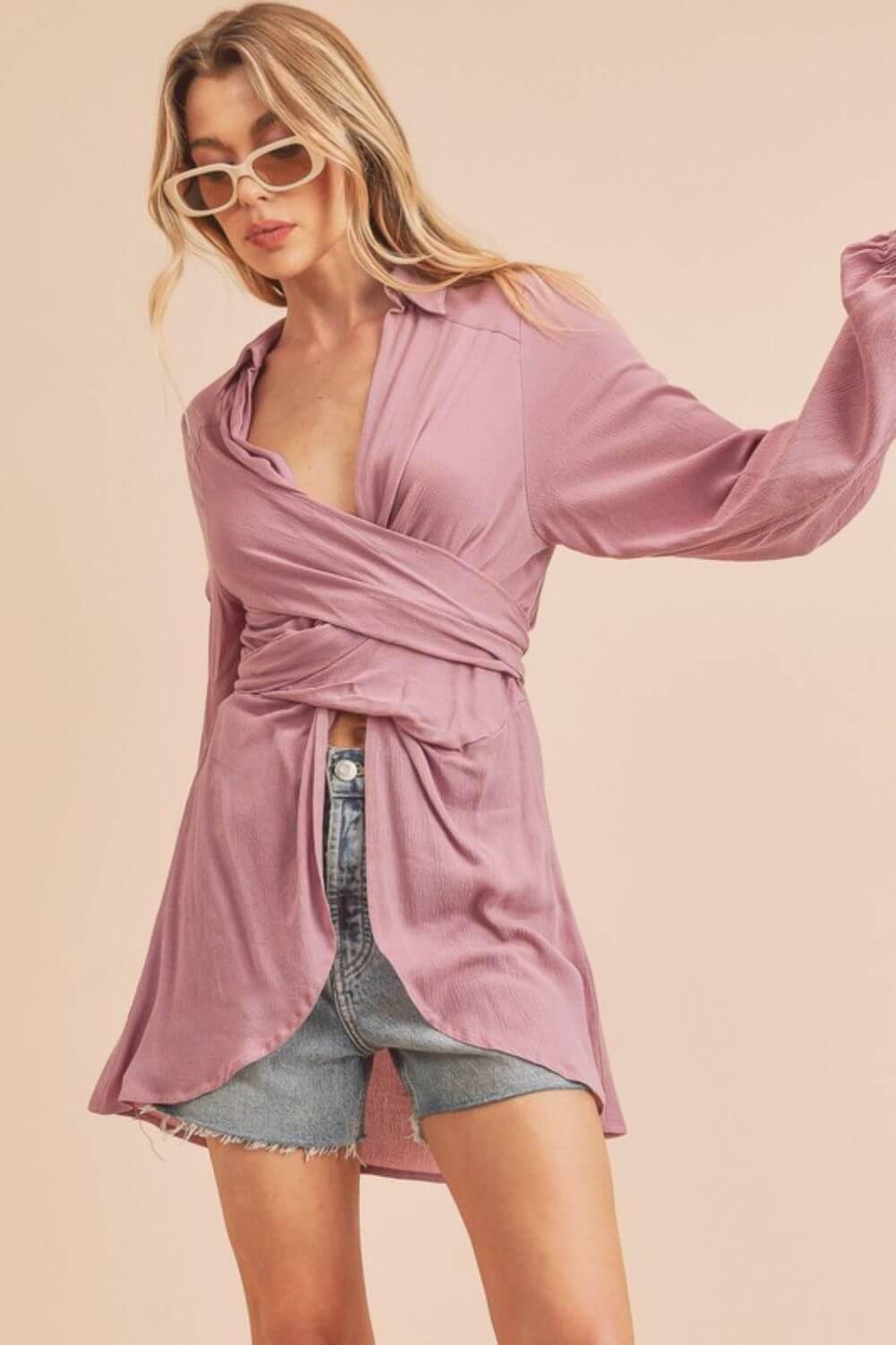 Aemi + Co Tied Collared Neck Long Sleeve Top - Clothes For Her Online Store