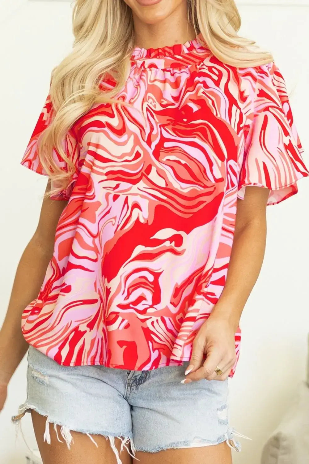 Abstract Print Ruffled Short Sleeve Mock Neck Blouse