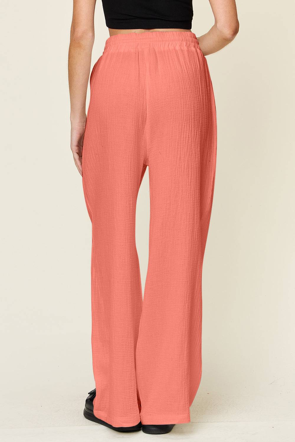 Double Take Full Size Texture Drawstring Wide Leg Pants - Clothes For Her Online Store