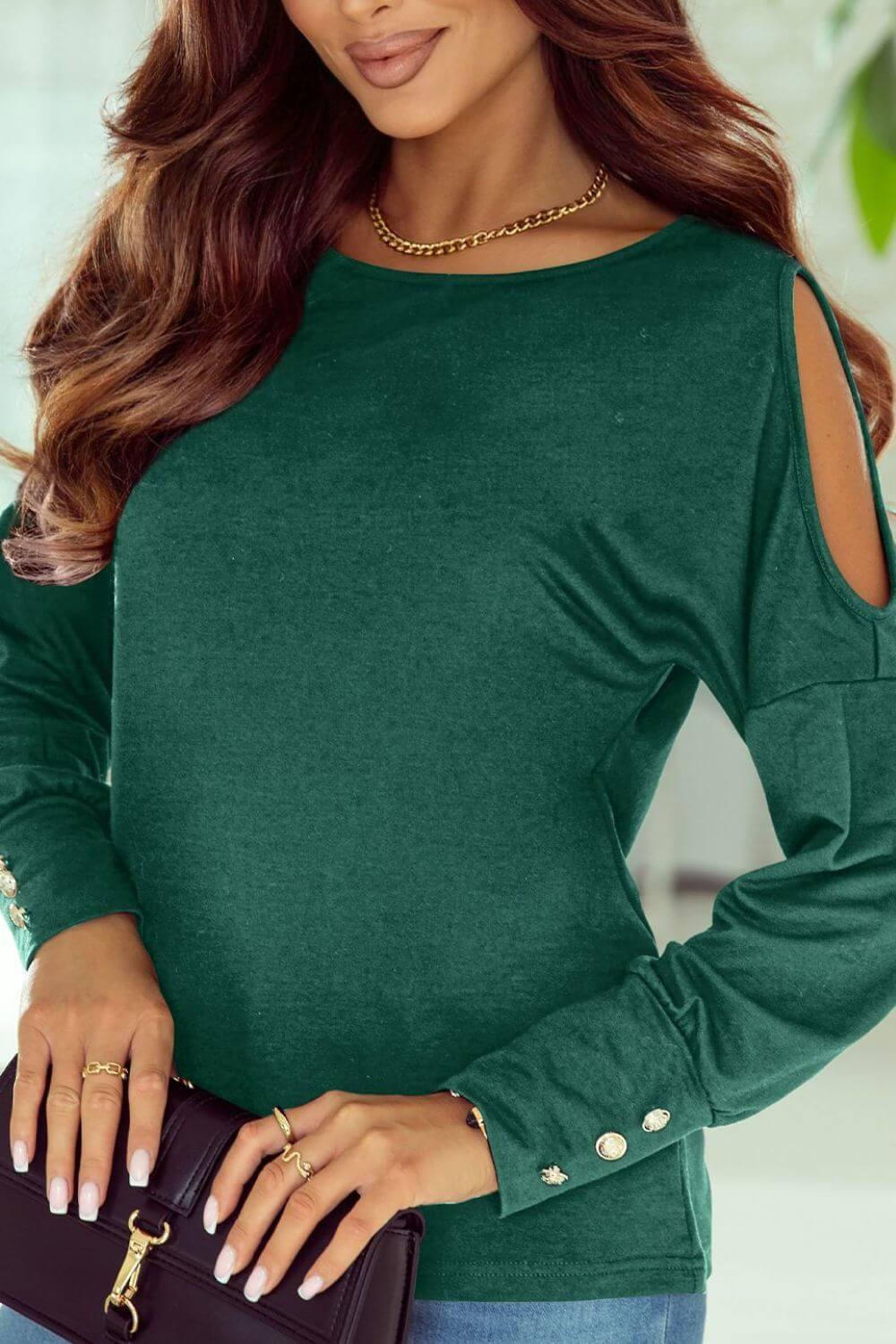 Cutout Round Neck Long Sleeve Top - Clothes For Her Online Store