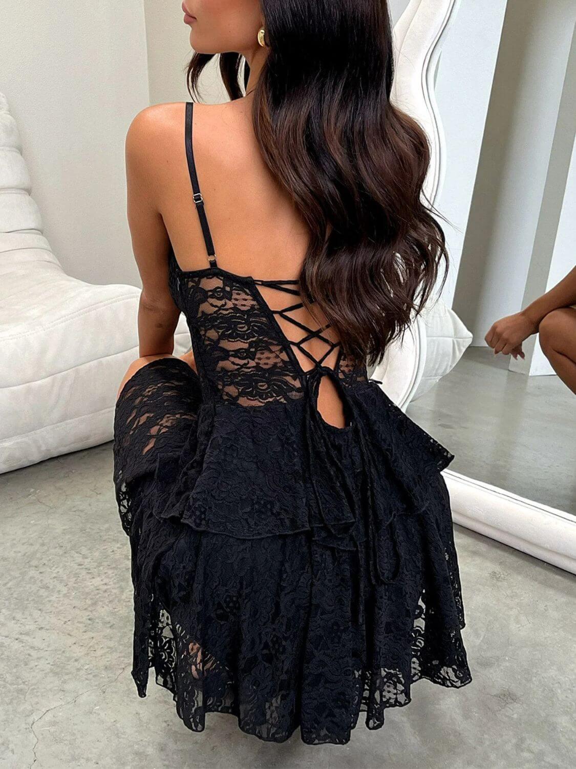 Devine Lace-Up Layered Lace Mini Cami Dress - Clothes For Her Online Store