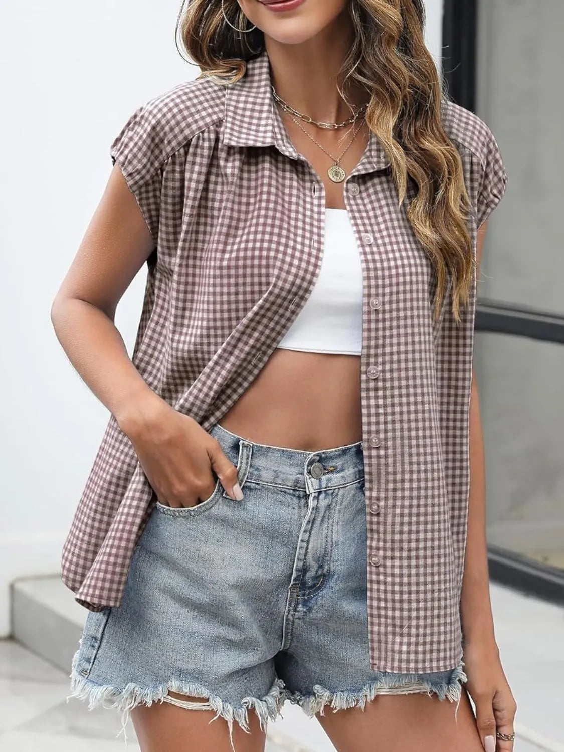 Plaid Button Up Cap Sleeve Shirt