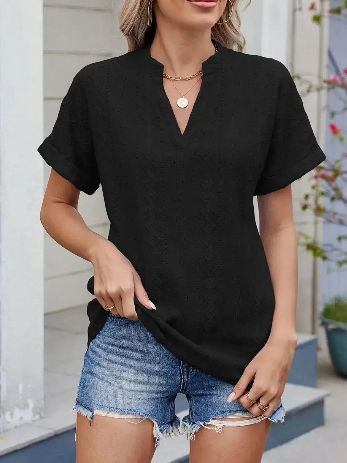 Eyelet Notched Short Sleeve Top - Clothes For Her Online Store