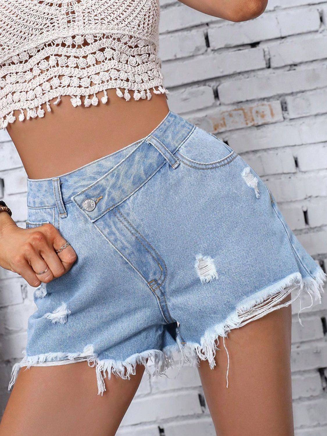 Distressed Raw Hem Denim Shorts - Clothes For Her Online Store