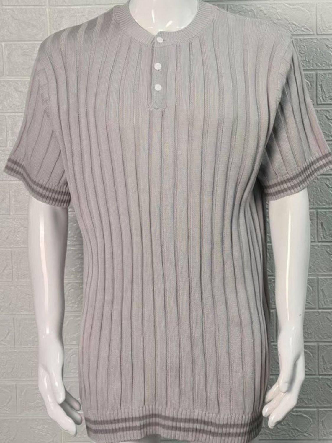 Men's Plus Size Ribbed Quarter Button Round Neck Striped Trim Polo - Clothes For Her Online Store