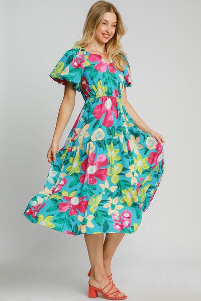 Umgee Full Size Tiered Floral Print Notched Puff Sleeve Midi Dress Plus Size - Clothes For Her Online Store
