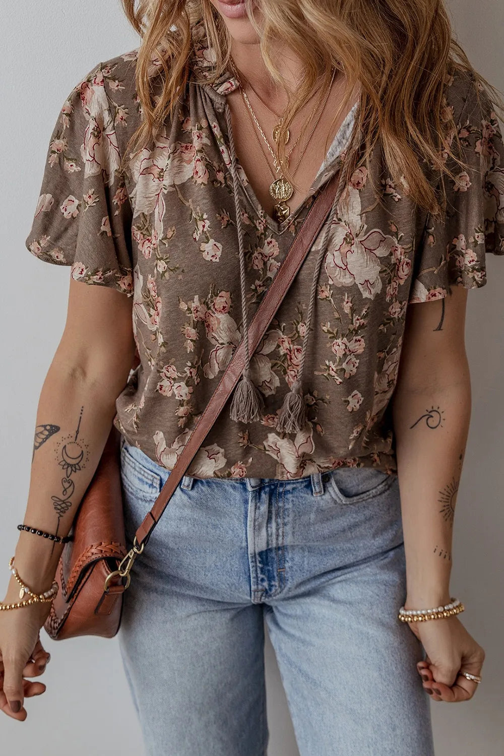 Floral Print Tassel Tie Split Neck Short Sleeve Blouse