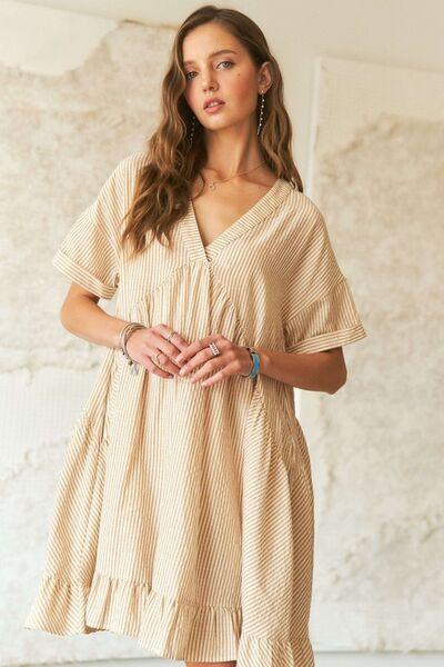 ADORA Ruffled Hem Striped V-Neck Babydoll Dress - Clothes For Her Online Store