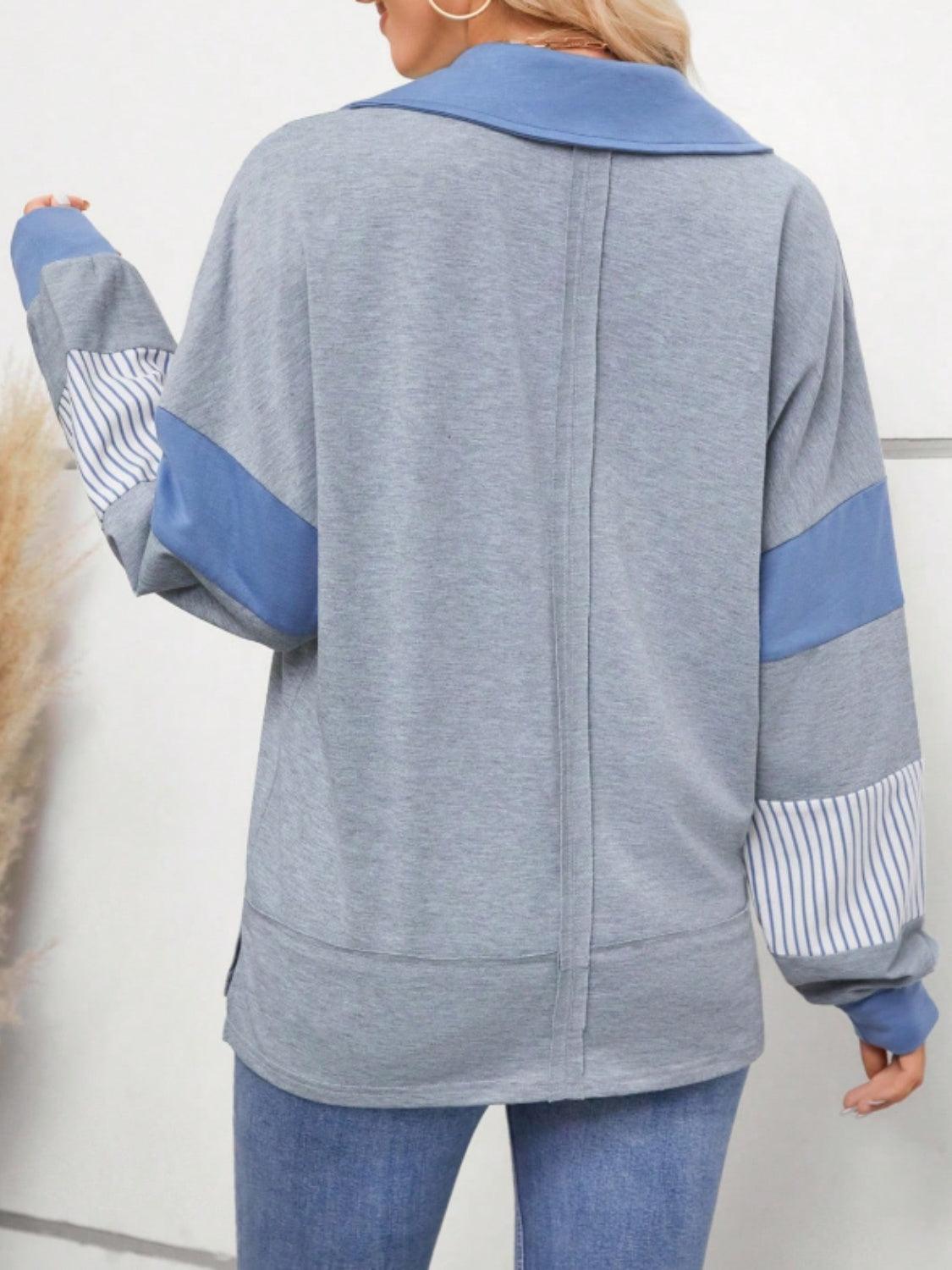 Slit Striped Johnny Collar Long Sleeve Top - Clothes For Her Online Store