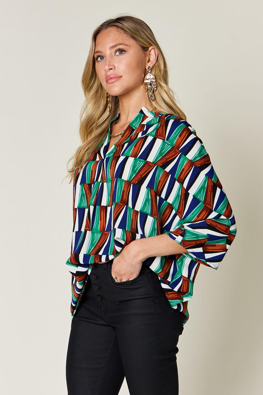 Double Take Full Size Geometric Notched Dolman Sleeve Top - Clothes For Her Online Store