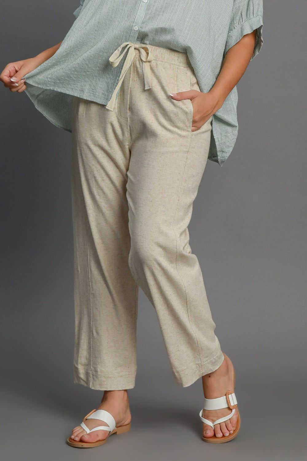 Umgee Full Size Drawstring Elastic Waistband Linen Blend Pants Plus Size - Clothes For Her Online Store