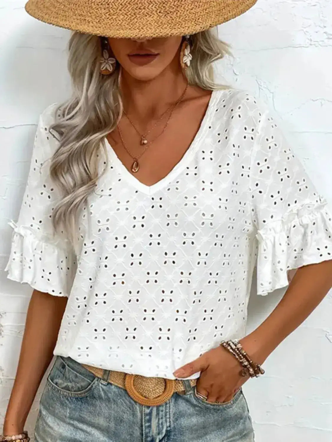 Eyelet V-Neck Half Sleeve Blouse