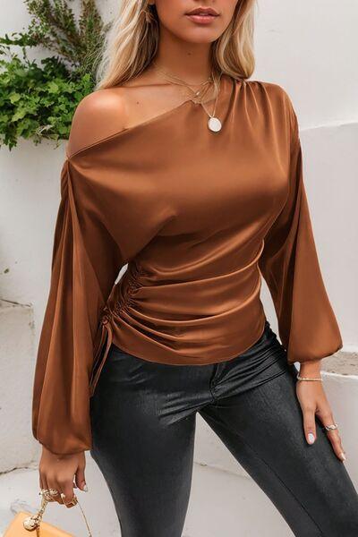 Drawstring One Shoulder Long Sleeve Blouse - Clothes For Her Online Store