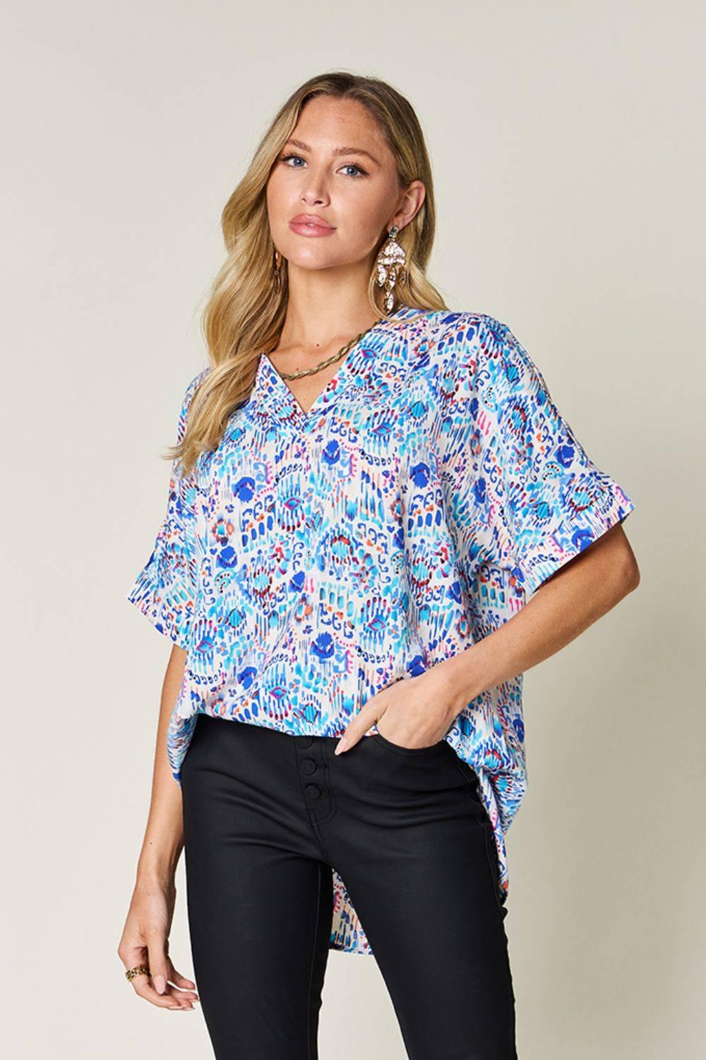 Double Take Full Size Printed V-Neck Short Sleeve Blouse - Clothes For Her Online Store