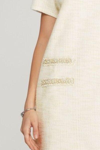 She + Sky Full Size Short Sleeve Pearl Studded Trim Knit Tweed Dress Plus Size - Clothes For Her Online Store