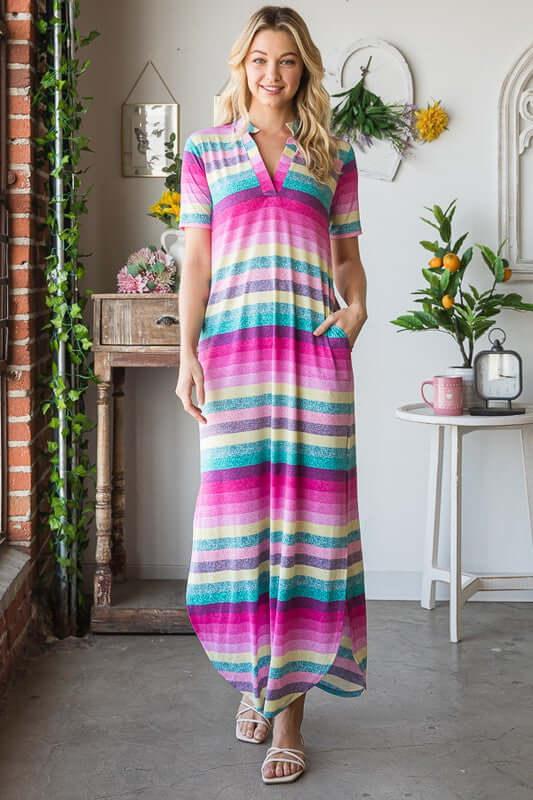 Heimish Full Size Striped Short Sleeve Maxi Tee Dress Plus Size - Clothes For Her Online Store